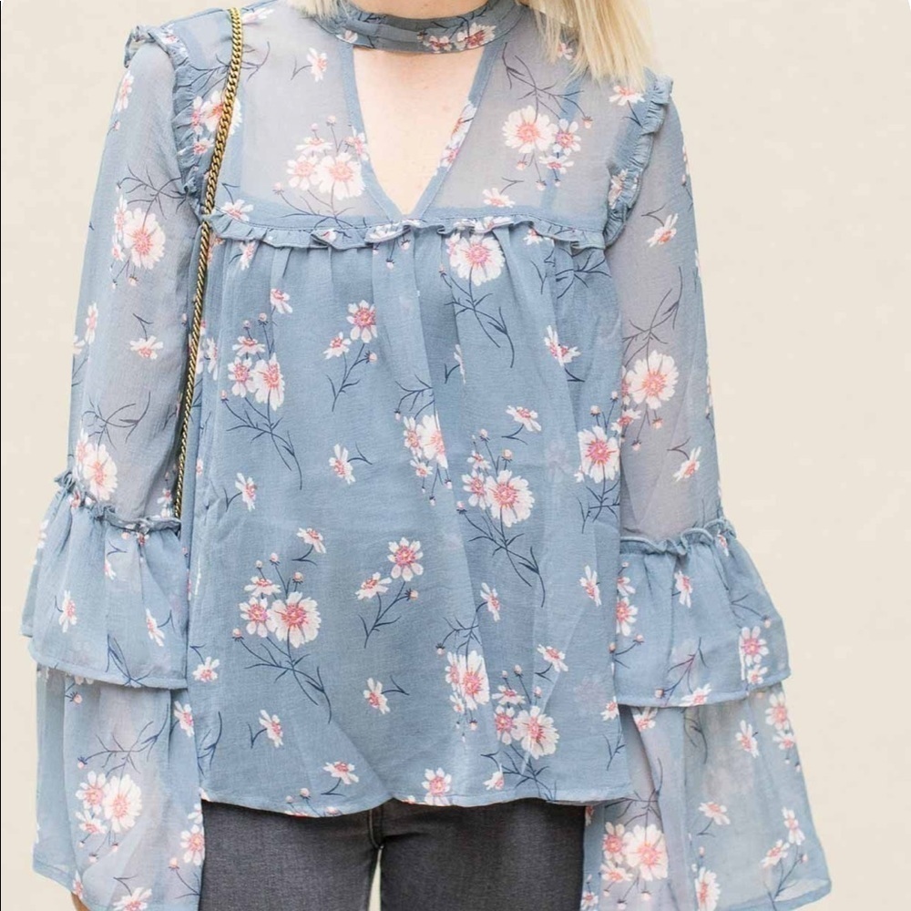 American Eagle Blue Floral Keyhole Top